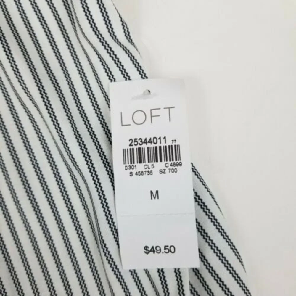 LOFT Blouse Medium Navy Blue Pinstripe Off the Shoulder Puff Sleeve Striped Top